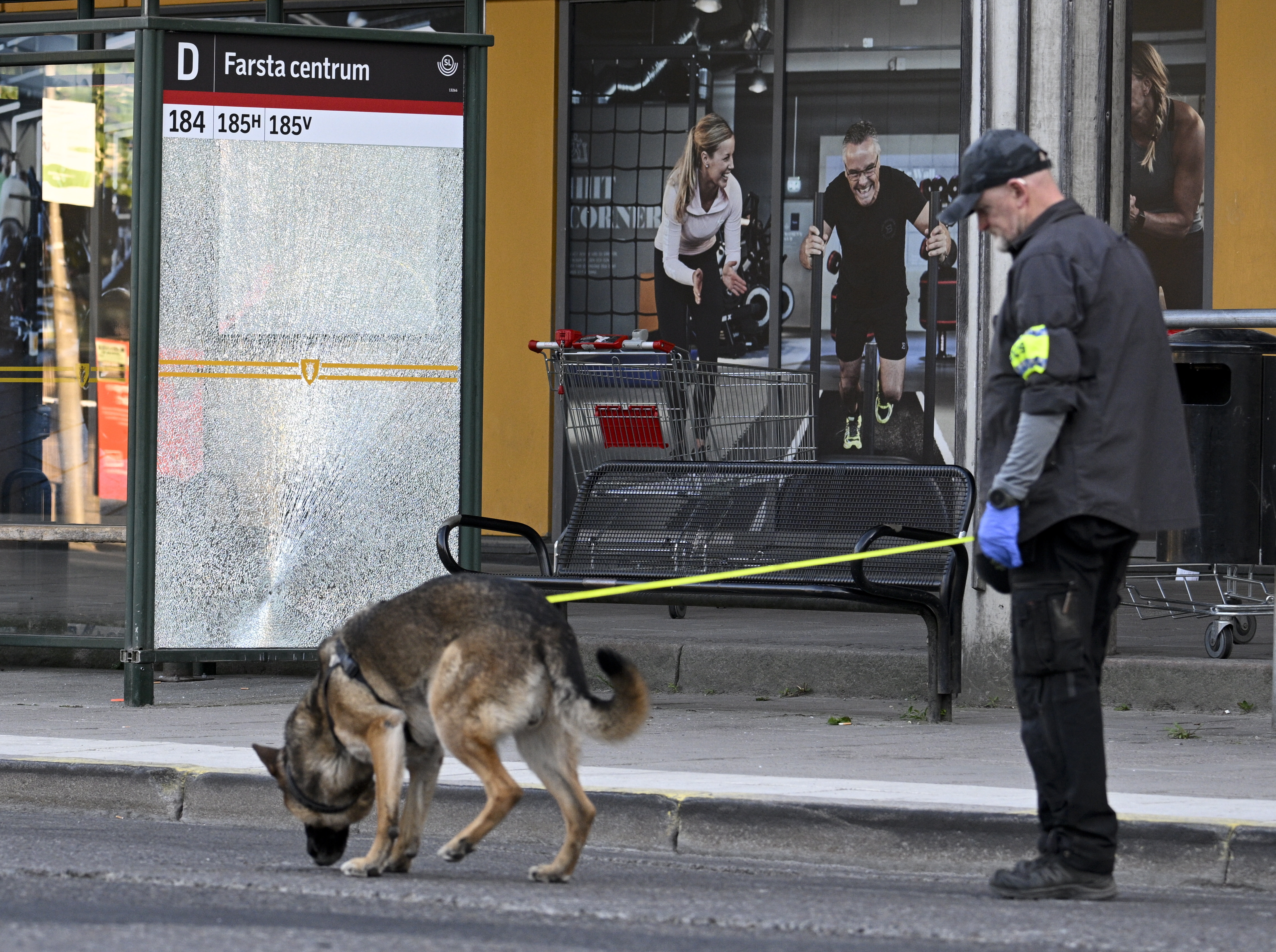 Stockholm (Sweden), 10/06/2023.- A police officer with the canine unit works at the crime scene following a shooting in Farsta, southern Stockholm, Sweden, 10 June 2023. According to the Swedish Police Authority, four people were injured in the shooting and were taken to hospital while a fourth one died on the spot. Two people were detained following a car chase. The police have opened a preliminary investigation into murder and attempted murder. (Suecia, Estocolmo) EFE/EPA/Anders Wiklund/TT SWEDEN OUT