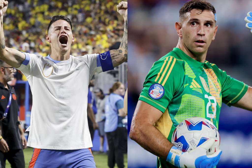 Combo de dos fotografías donde se ve al jugador colombiano James Rodríguez (i) y al portero argentino Emiliano Martínez. Doce goles en cinco partidos con James Rodríguez y sus seis asistencias a la batuta. El rodillo ofensivo de Colombia ha arrasado en esta Copa América, pero ahora le queda el reto más difícil: desarmar a una Argentina que solo ha encajado un tanto en todo el torneo. Los de Lionel Scaloni, que contra Ecuador volvieron a recurrir a Emiliano Martínez como héroe, no han ido todavía por detrás en el marcador en este torneo a diferencia de Colombia, que solo ha concedido dos goles en esta Copa América pero que empezó perdiendo contra Brasil en la fase de grupos (1-1 final). EFE-EPA
