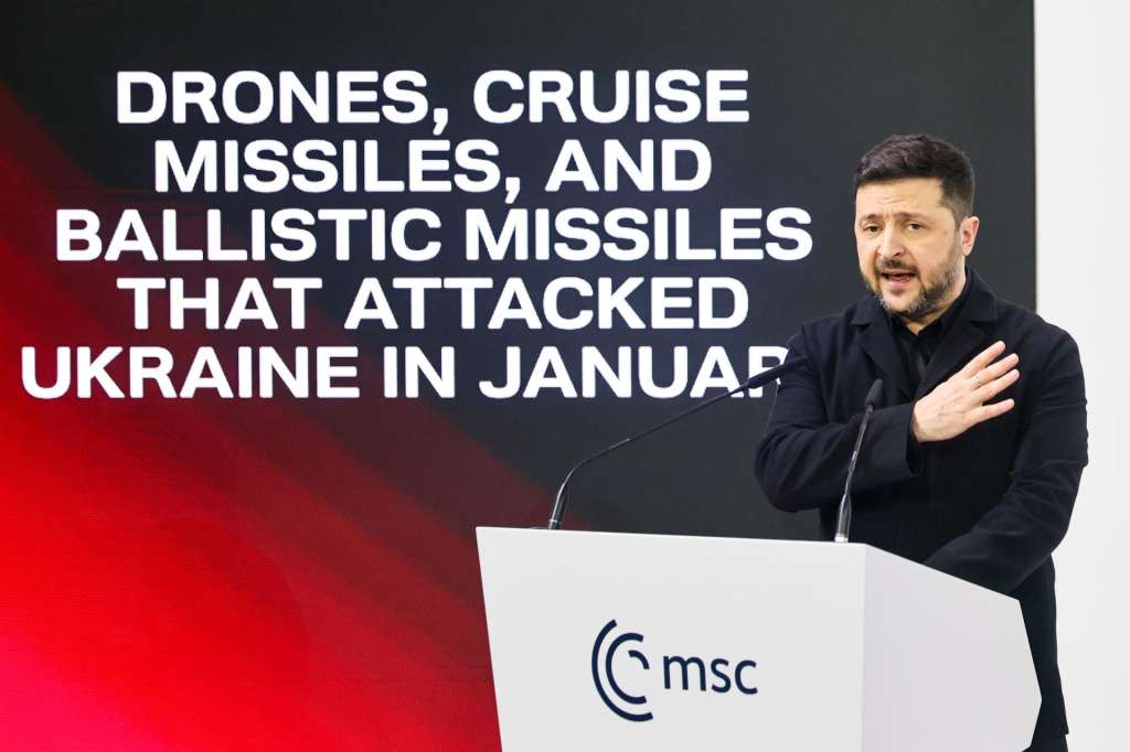 MUNICH (Germany), 14/02/2026.- Ukraine President Volodymyr Zelensky speaks during the 62nd Munich Security Conference (MSC) at the hotel 'Bayerischer Hof', in Munich, Germany, 14 February 2026. The 62nd Munich Security Conference, running from 13 to 15 February 2026, is expected to host around 50 world leaders. (Alemania, Ucrania) EFE/EPA/RONALD WITTEK