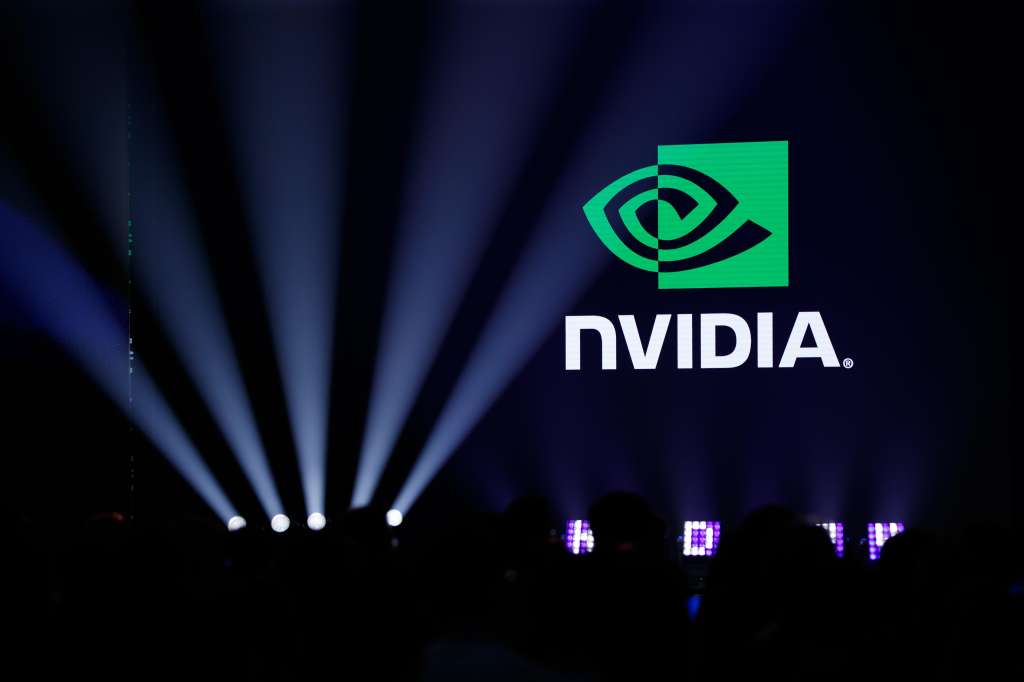 Taipei (Taiwan), 08/10/2024.- The logo of Nvidia is on display during the 2024 Hon Hai (Foxconn) Tech Day in Taipei, Taiwan, 08 October 2024. Taiwanese company Hon Hai (Foxconn) unveiled two new models of electric vehicles, the Model D and Model U, during the Tech Day which takes place from 08 to 09 October 2024. EFE/EPA/RITCHIE B. TONGO