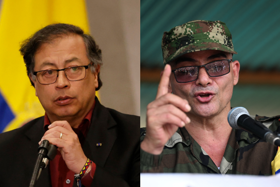 A la izquierda, el presidente de la República, Gustavo Petro; a la derecha, el comandante máximo de la disidencia autodenominada como Estado Mayor Central, 'Iván Mordisco'