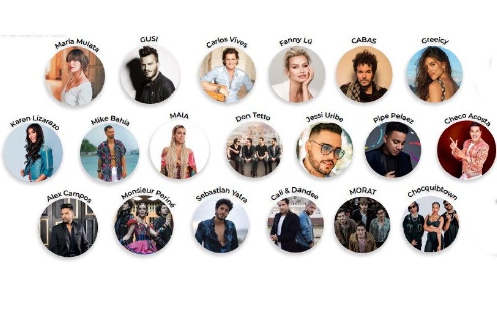 Gran concierto nacional virtual cuenta con 40 artistas. En la foto aparecen María Mulata, Gusi, Carlos Vives, Jorge Celedón, Maía y Mike Bahía, entre otros.