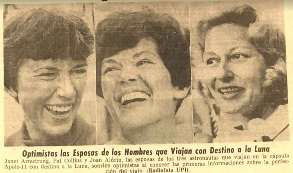 En cambio ambas en Seabrook, Texas, Joan y Pat vieron cómo sus esposos despegaban desde el televisor de sus casas, como tantos miles de personas en el mundo entero. Su espera también se convirtió en un asunto público. Pat Collins, esposa de Michael, piloto del módulo de mando del Apolo 11 y el único de los tres que no pisó la superficie lunar, contó que sintió mucha tensión durante el despegue del cohete, pero nunca tanta como la que vivió cuando Michael tuvo que entrar a una cirugía para que le extrajeran un crecimiento óseo que lo dejó por fuera de la misión Apolo 8, unos años antes.