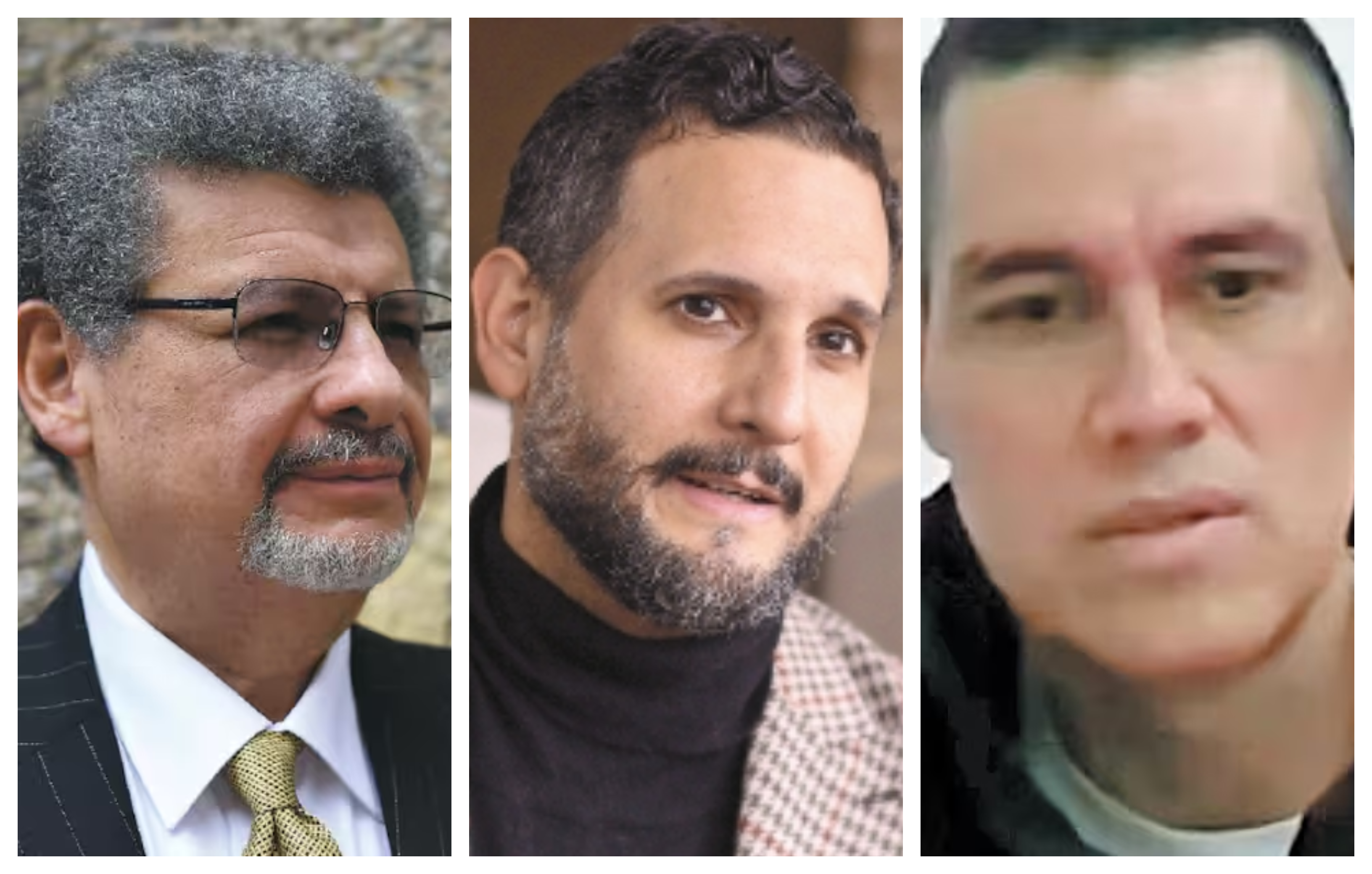 Jaime Granados (izquierda), abogado principal de Álvaro Uribe Vélez; Miguel Ángel del Río (centro) abogado de víctimas en el juicio; Juan Guillermo Monsalve (derecha), testigo en contra del expresidente.