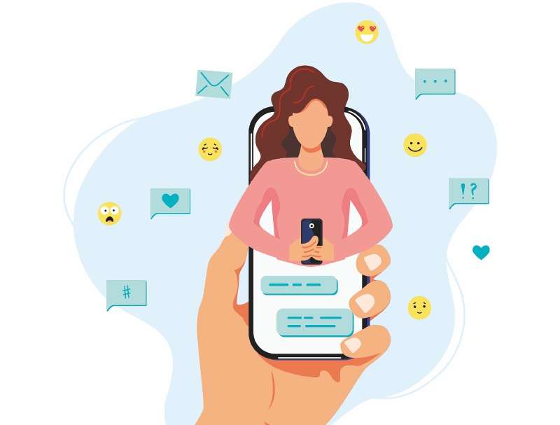 Hand is holding smartphone with female person on screen. Video call concept. Flat cartoon style design. Vector illustration.