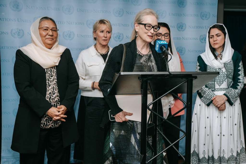 New York (United States), 23/09/2024.- US actress Meryl Streep speaks alongside Former Deputy Speaker of Afghanistan's Parliament Fawzia Koofi, Former Director General of Human Rights and Women's International Affairs Asia Wardak, Sweden's former Minister for Foreign Affairs Margot Wallstrom, and Afghanistan's former Minister for Women's Affairs Habiba Sarabi, at United Nations Headquarters in New York, New York, USA, 23 September 2024. The Side event 'The Inclusion of Women in the Future of Afghanistan' took place during 'Summit of the Future' being held in advance of this week's General Debate of the 79th session of the United Nations General Assembly. (Afganistán, Suecia, Nueva York) EFE/EPA/OLGA FEDOROVA