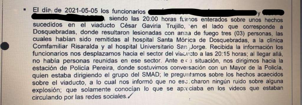 Declaración de dos funcionarios de Policía Judicial reconociendo que no se practicaron las acciones urgentes en el sitio del atentado.