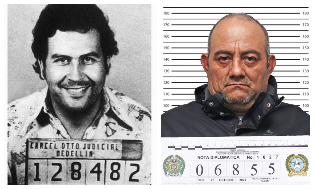 Pablo Escobar (izquierda), uno de los criminales y narcotraficantes más peligrosos del mundo, muerto en operativo nacional e internacional en 1993. Alias "Otoniel" (derecha) recién capturado y líder máximo del clan del golfo.