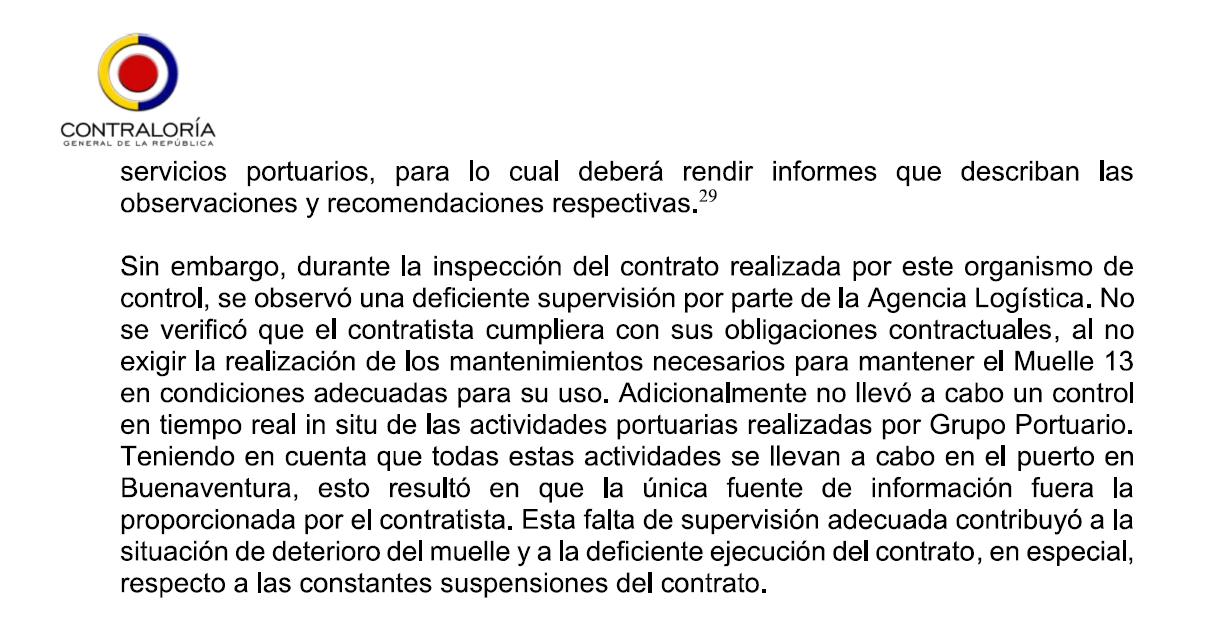 Fragmento del informe de la Contraloría sobre el muelle 13.