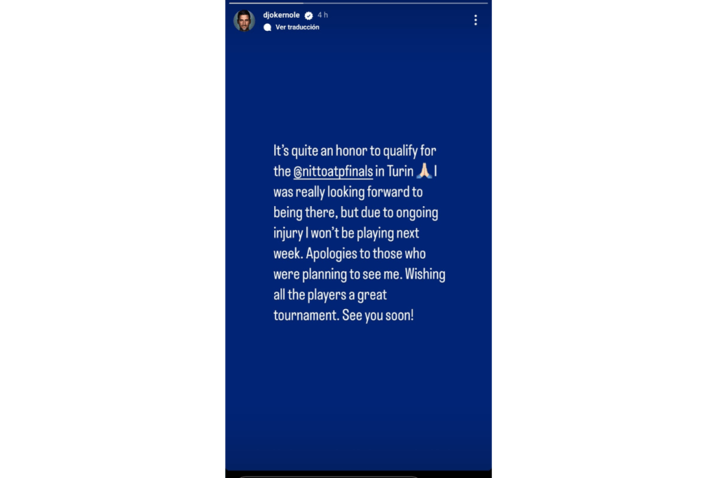 Novak Djokovic anunció su ausencia en las ATP Finals en su cuenta de Instagram.