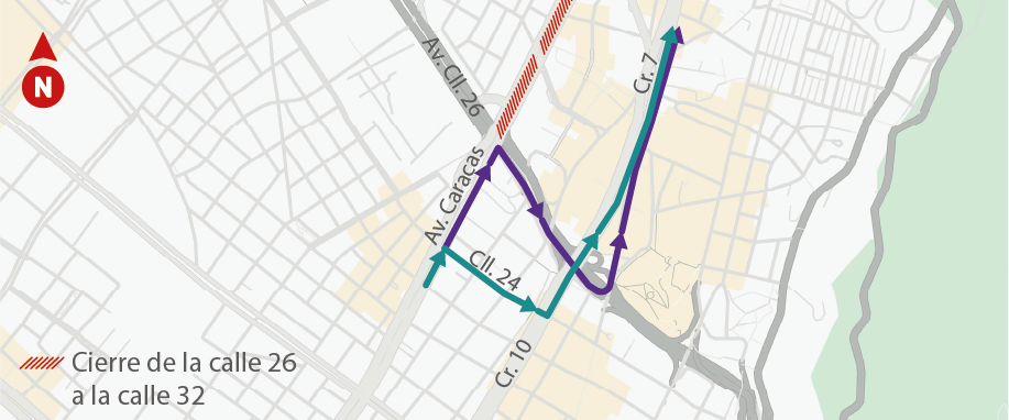 Desvío para las personas que se dirijan por el corredor desde el sur hasta el norte.