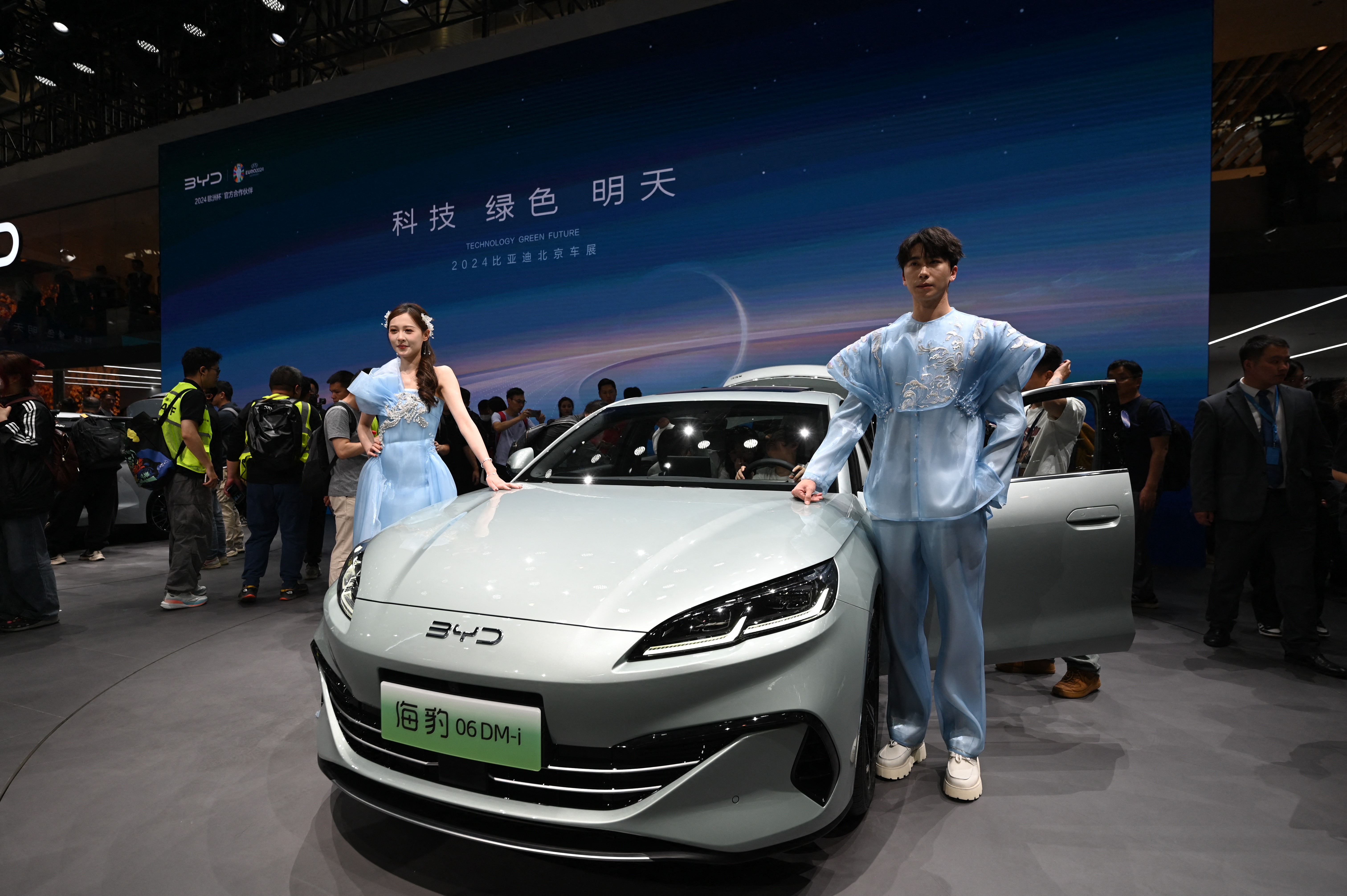 A BYD Seal 06 DM-i electric car is displayed at the Beijing Auto Show in Beijing on April 25, 2024. (Photo by Jade Gao / AFP)