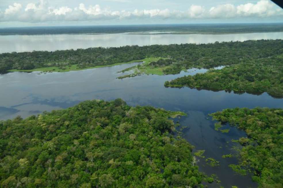Una vista aérea de parte de las más de 40 mil hectáreas que comprende este complejo de lagos amazónicos.
