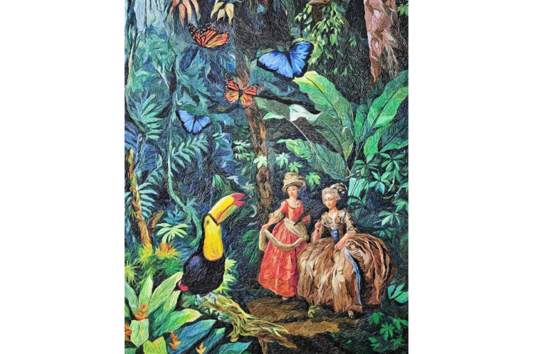 María Antonieta en el paraíso, 2021. Plastilina sobre madera. 100x150 cm.