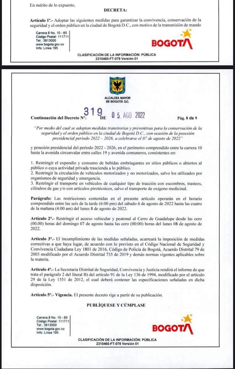 El decreto fue firmado por la alcaldesa de Bogotá, Claudia López y los secretarios de Gobierno, Movilidad y de Seguridad, Convivencia y Justicia.