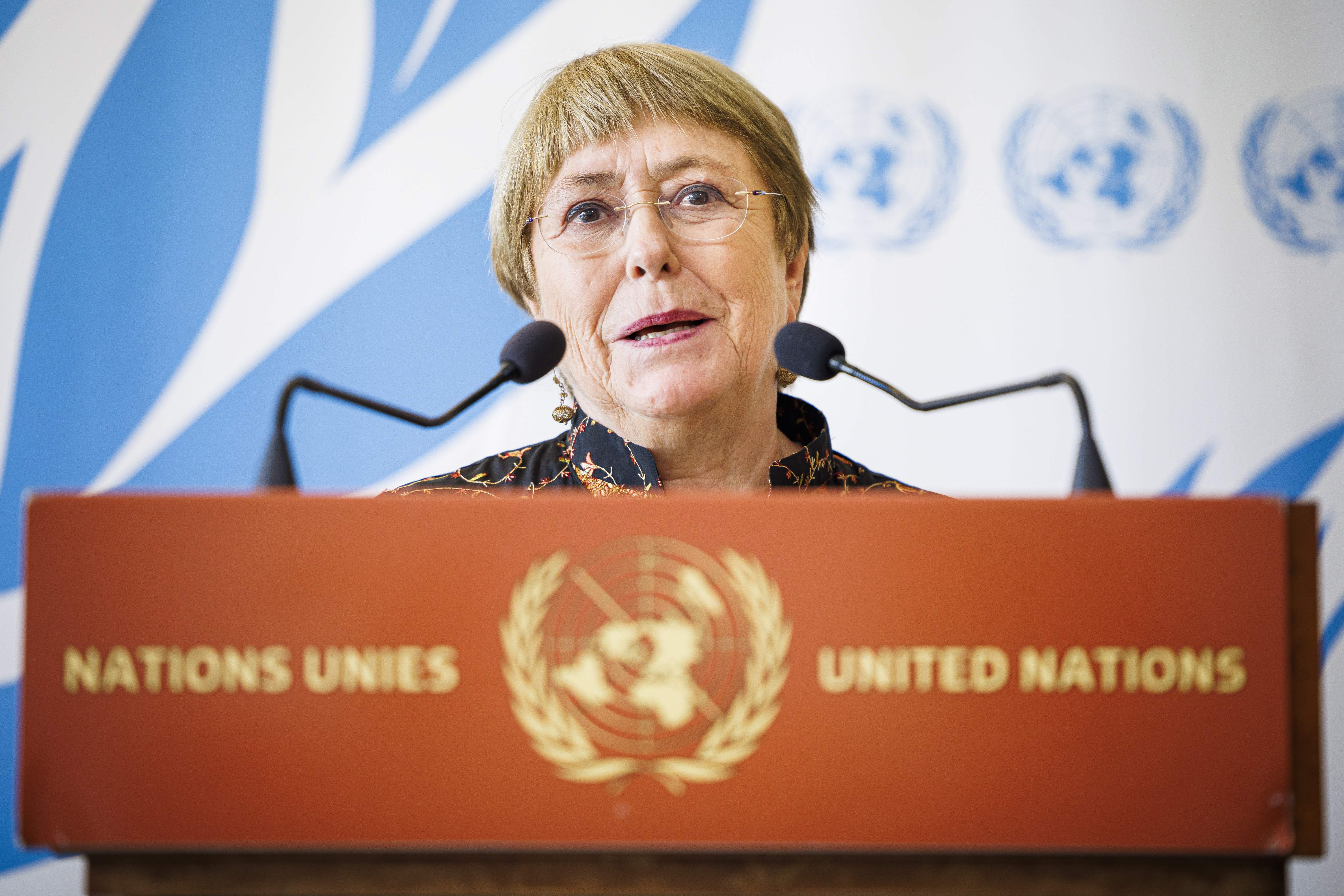 Geneva (Switzerland Schweiz Suisse), 13/06/2022.- United Nations High Commissioner for Human Rights Michelle Bachelet addresses a press conference after announcing she would not seek a second mandate, during the opening day of the 50th session of the Human Rights Council at the European headquarters of the United Nations in Geneva, Switzerland, 13 June 2022. (Suiza, Ginebra) EFE/EPA/VALENTIN FLAURAUD