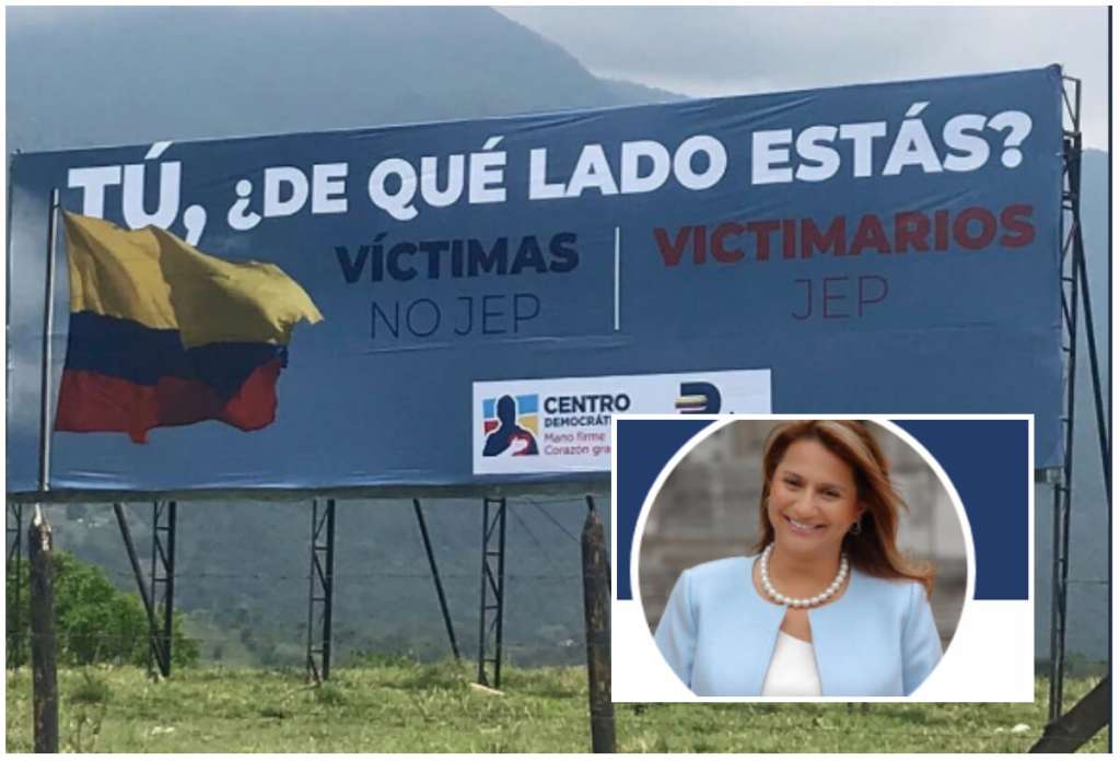 La senadora Paola Holguín instaló vallas contra la JEP en Antioquia. / Twitter