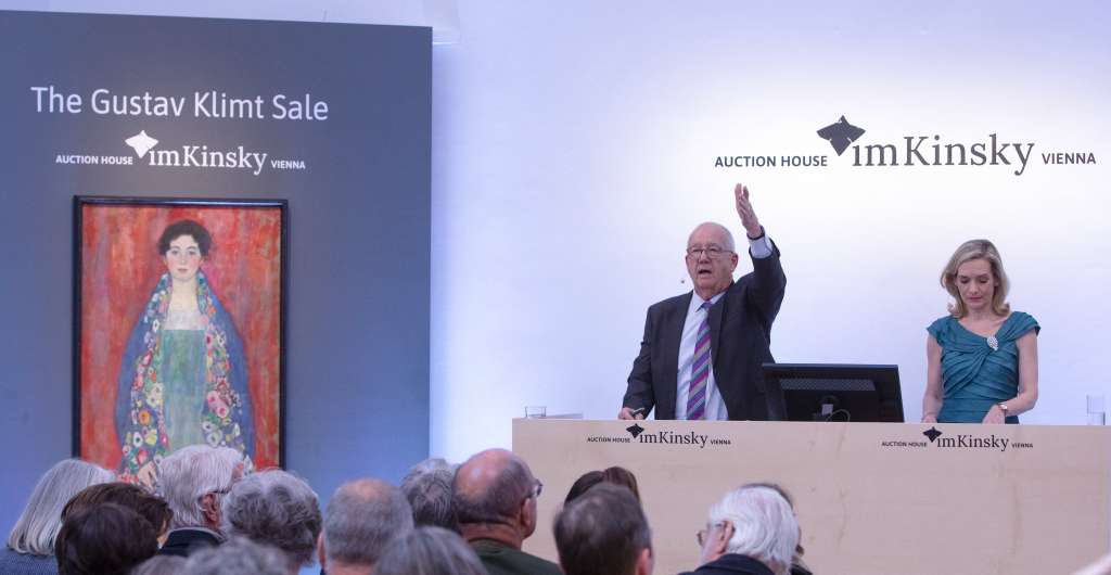 Auctioneer Michael Kovacek sells the Gustav Klimt painting "Portrait of Miss Lieser" for 30,000,000 Euros during the auction in Vienna on April 24, 2024.