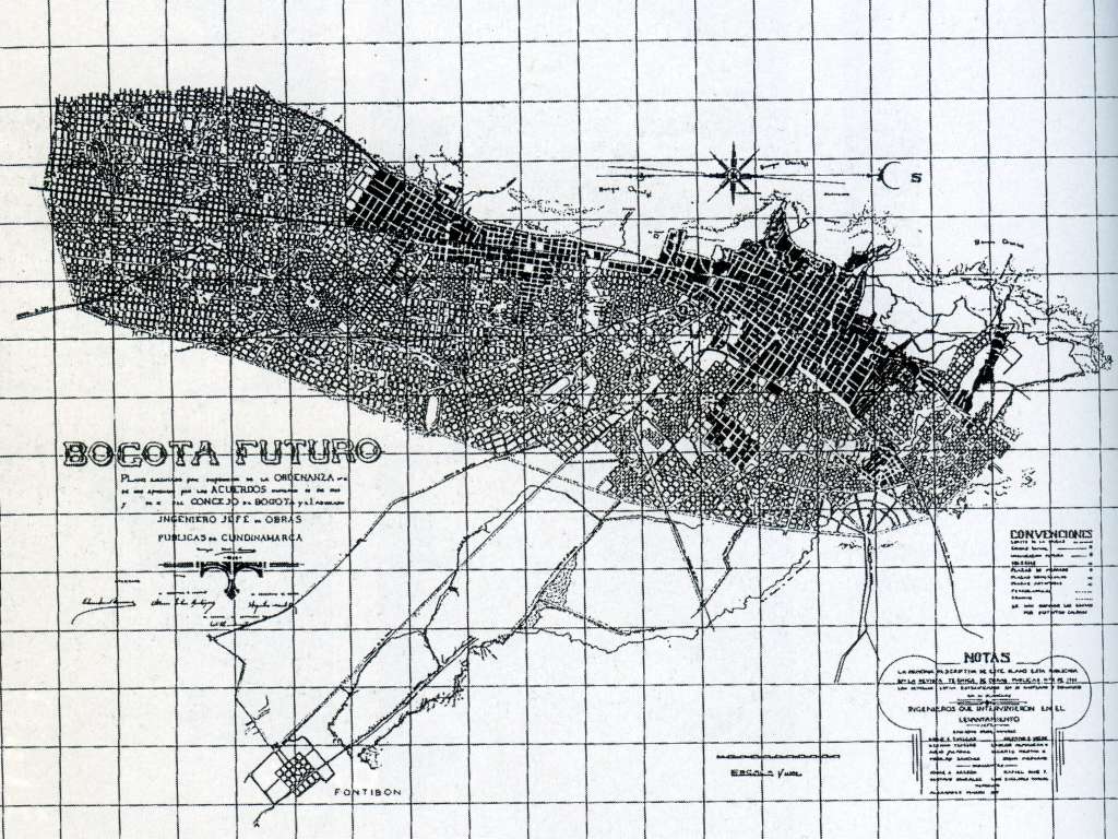 Transcripción del plano “Bogotá futuro” de 1923. Dibujo original de Enrique Uribe Ramírez, copia de Alexander Pinzón para el libro: “Bogotá: Siglo XX. Urbanismo, arquitectura y vida urbana” de Alberto Saldarriaga Roa, Alcaldía Mayor de Bogotá, DAPD, 2000.