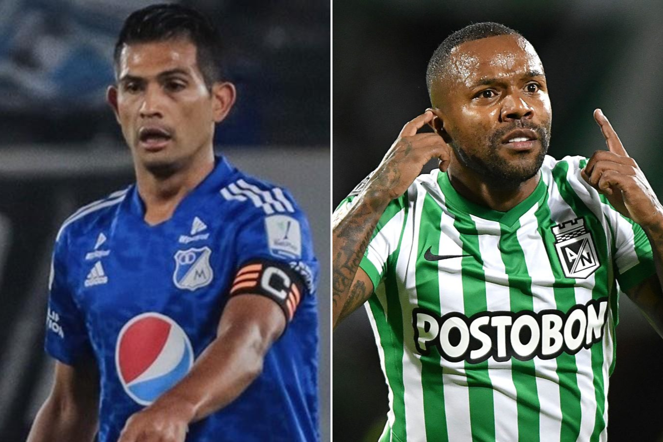 David Macalister Silva (i) de Millonarios y Dorlan Pabón de Atlético Nacional.