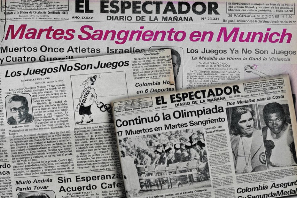 Los titulares en El Espectador de las crónicas de don Guillermo Cano desde Múnich en septiembre de 1972.