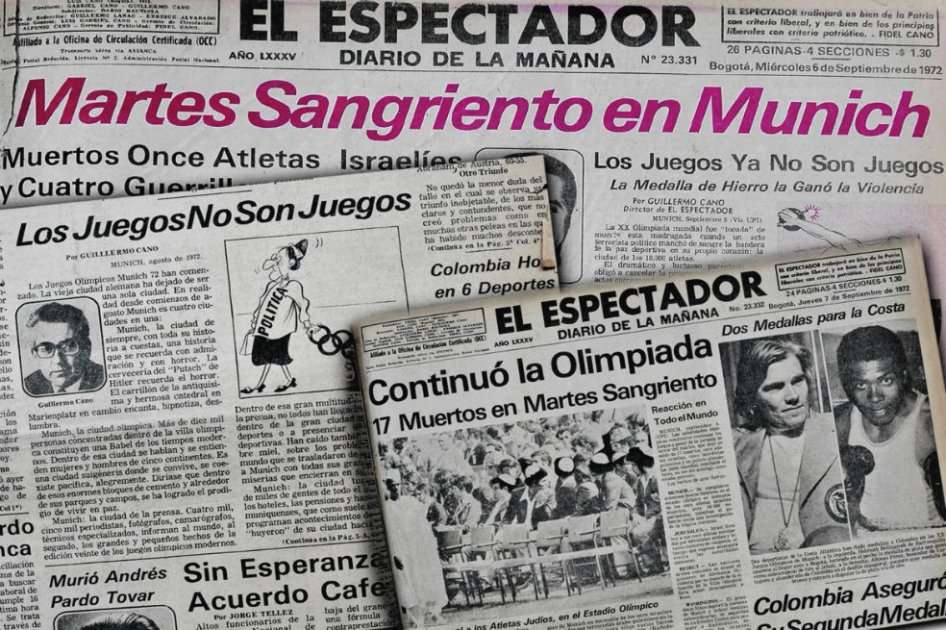 Los titulares en El Espectador de las crónicas de don Guillermo Cano desde Múnich en septiembre de 1972.