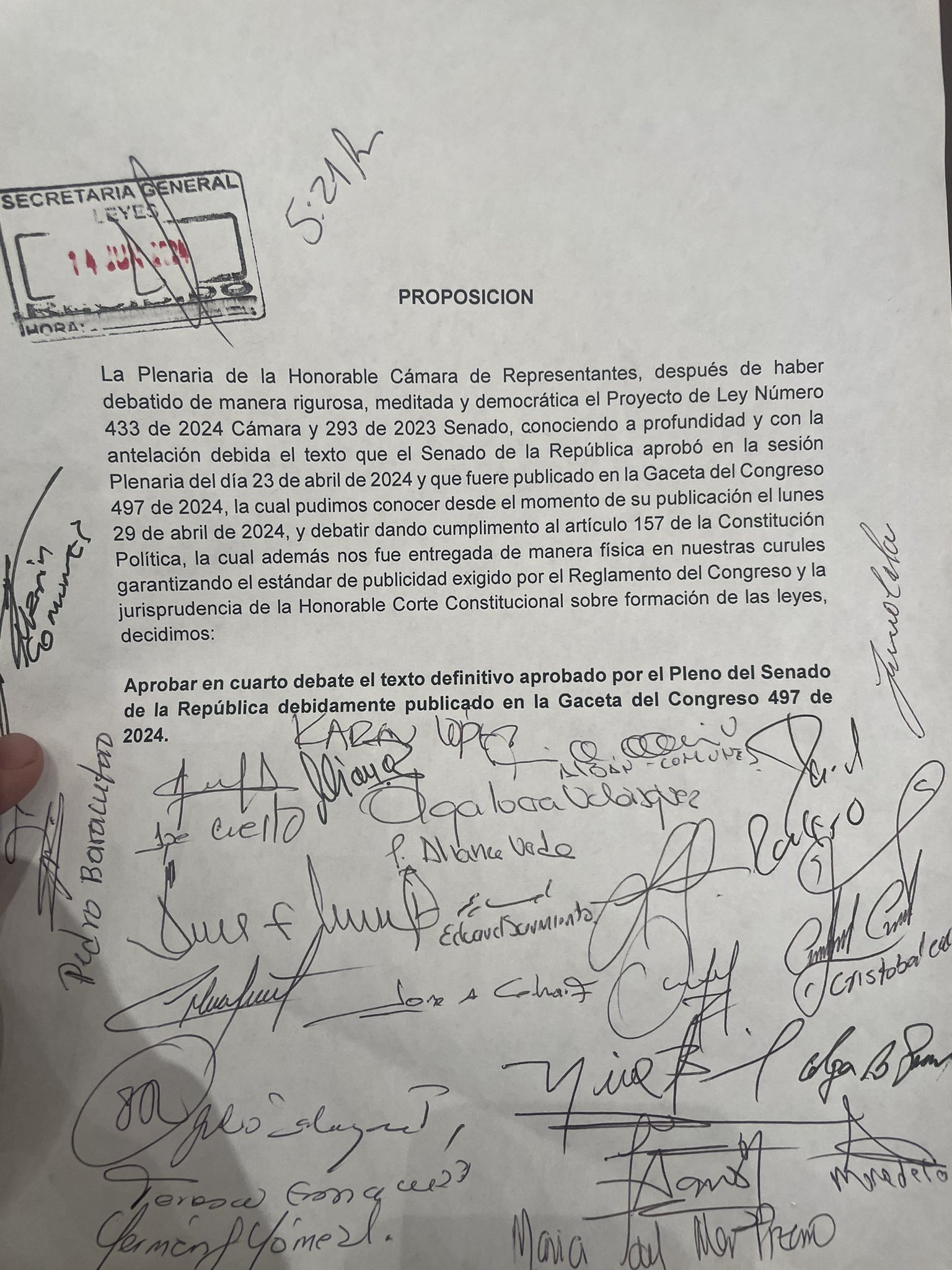 Proposición de aprobar el texto del Senado sobre la reforma pensional.