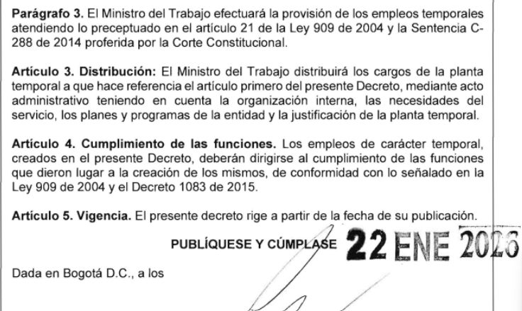 Decreto 0052 de 2026, donde el ministro Antonio Sanguino autorizó la creación de más de 1.400 puestos de planta temporal hasta el 31 de diciembre de 2026.