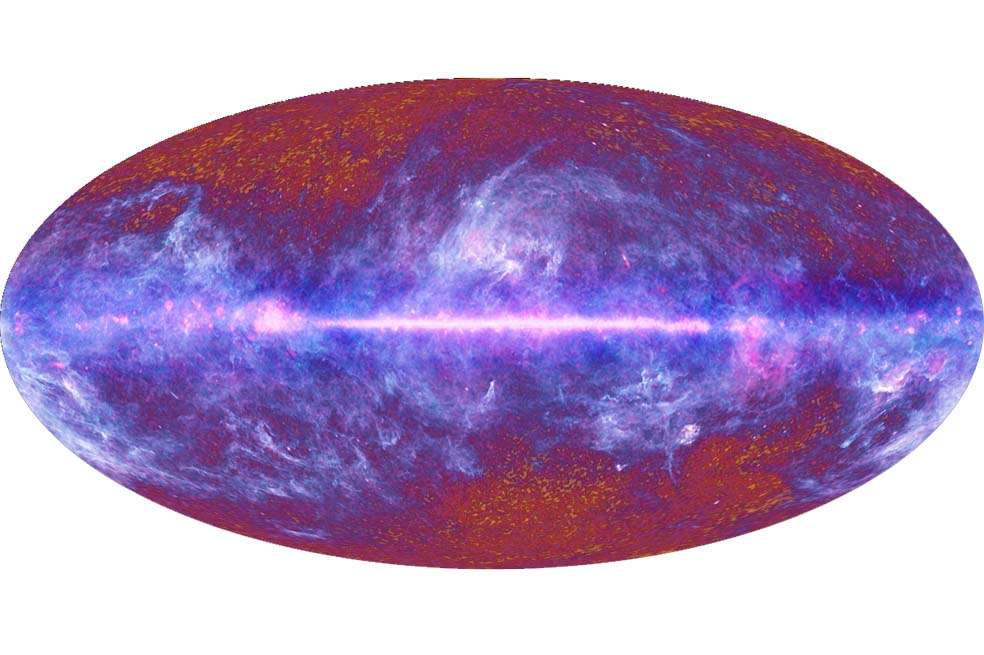 El blanco y el azul representan las nubes de polvo interestelar en la Vía Láctea. El color rojo son las señales producidas por el Big Bang. /planck.cf.ac.uk