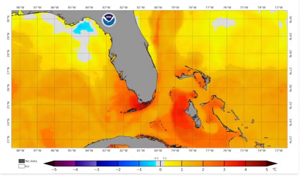 Un mapa de la temperatura superficial del mar de mediados de julio de 2023 muestra el calor extremo en los Cayos de Florida. NOAA Coral Reef Watch