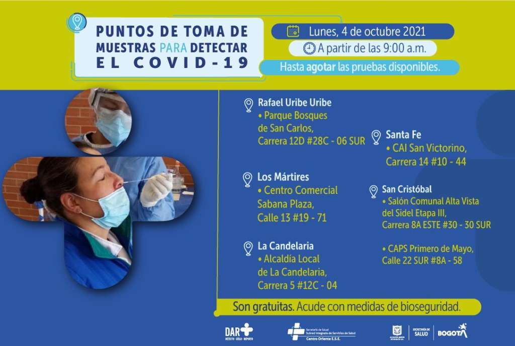 ¿Dónde hay pruebas gratuitas para Covid-19 este lunes 4 de octubre en Bogotá?