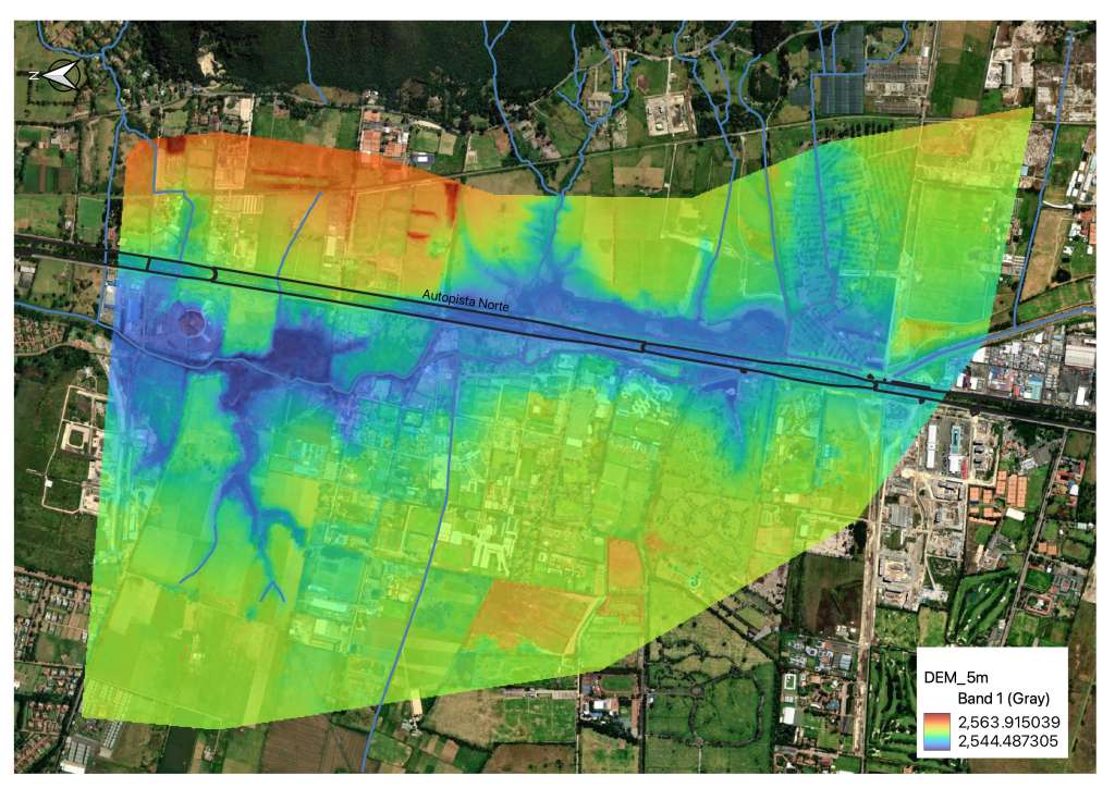 Mapa de la zona de influencia de los humedales, en torno al trazado de la Autopista Norte.