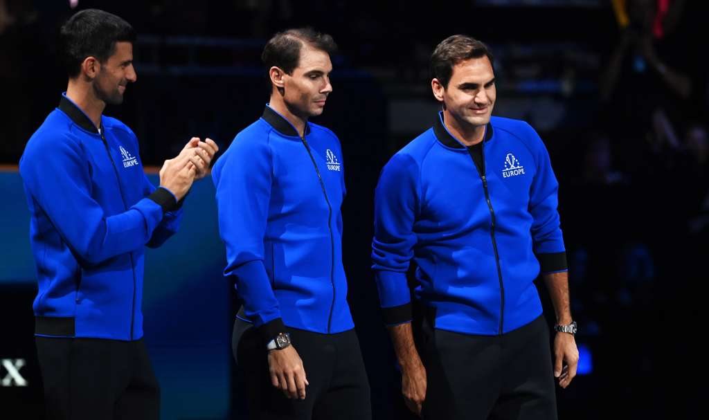 London (United Kingdom), 23/09/2022.- From L: Team Europe players Novak Djokovic of Serbia, Rafael Nadal of Spain and Roger Federer of Switzerland at the start of the evening session on the first day of the Laver Cup tennis tournament in London, Britain, 23 September 2022. (Tenis, España, Suiza, Reino Unido, Londres) EFE/EPA/ANDY RAIN