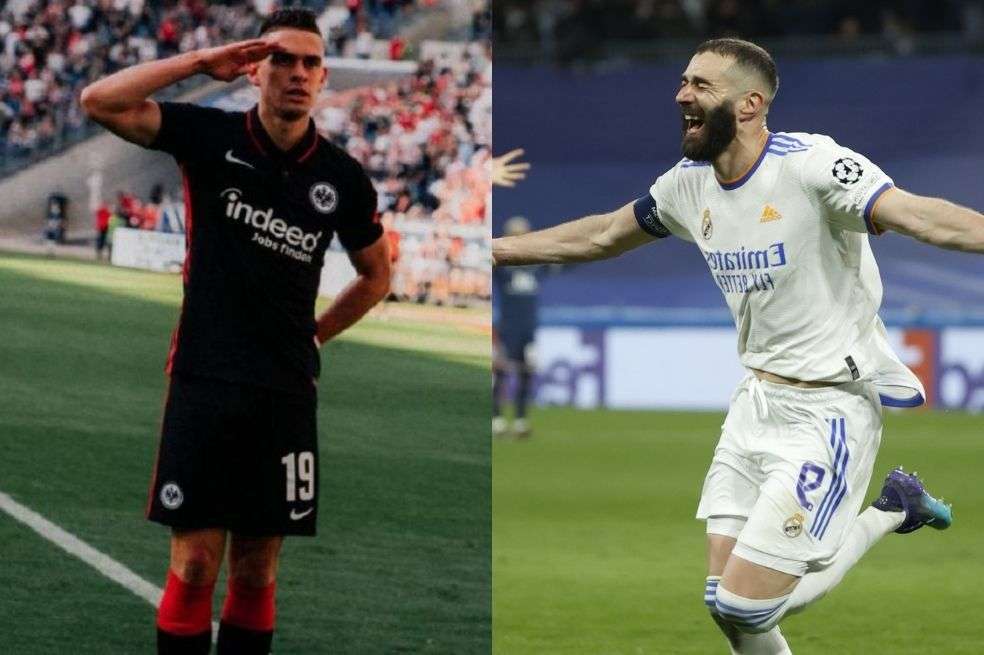 Rafael Santos Borré (i), figura de Eintracht Frankfurt, y Karim Benzema (d), figura de Real Madrid.