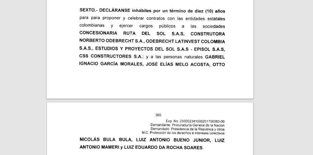 El numeral sexto del fallo de 2018 del Tribunal Administrativo de Cundinamarca inhabilitaba por 10 años a Odebrecht para contratar con el Estado colombiano.