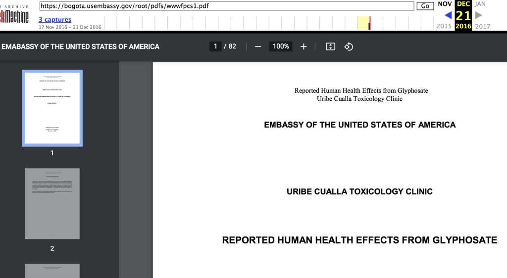 Informe de Uribe Granja estuvo publicado en la página de la Embajada de Estados Unidos al menos hasta 2016, según confirma el Internet Archive Wayback Machine.