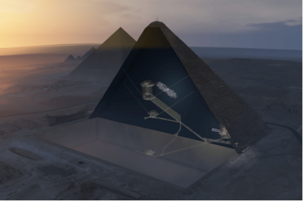 Ilustración donde se muestra (punteado en blanco) la cavidad descubierta, situada encima de la Gran Galería de la pirámide de Keops. / ScanPyramids mission