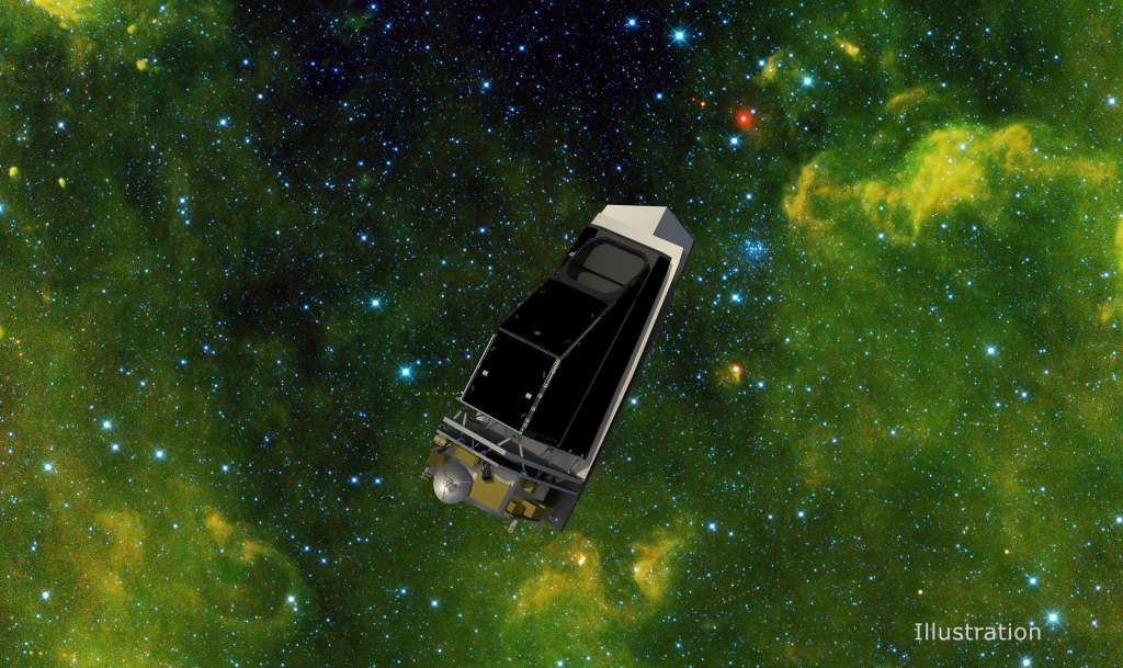 El NEO Surveyor de la NASA se ve en esta ilustración contra una observación infrarroja de un campo estelar realizada por la misión WISE de la agencia. Crédito: NASA/JPL-Caltech/Universidad de Arizona