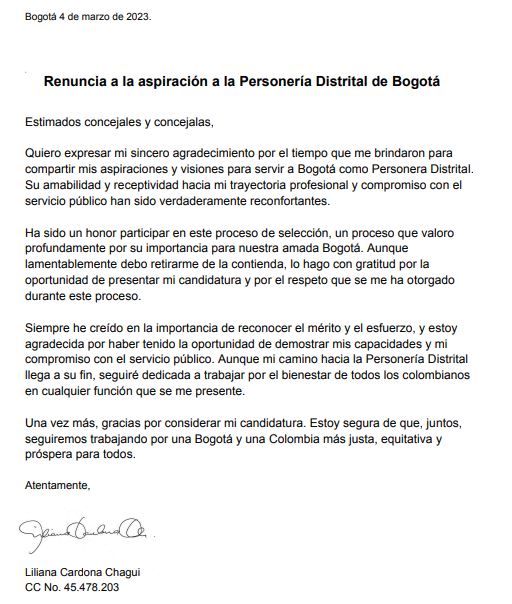 Renuncia de candidata Liliana Cardona