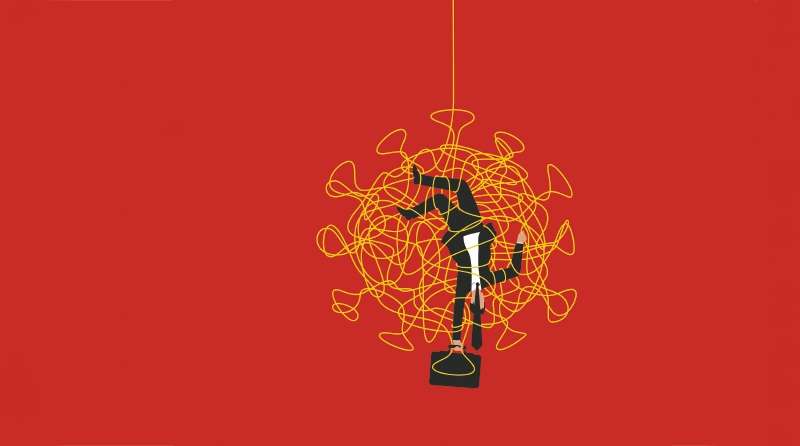 Illustration of a businessman dangling upside down, caught up in a Coronavirus web