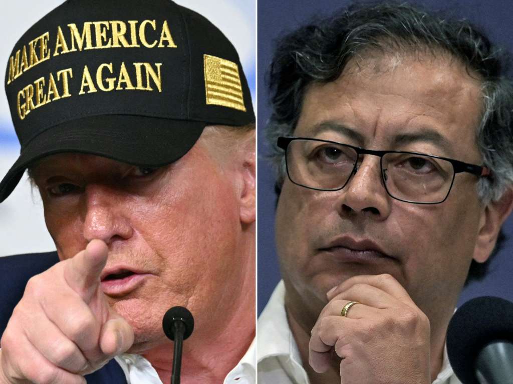 (COMBO) This combination of pictures created on January 26, 2025 shows US President Donald Trump in Pacific Palisades, a neighborhood of Los Angeles, California, on January 24, 2025 and Colombian President Gustavo Petro in Cali, Colombia, on September 9, 2023.