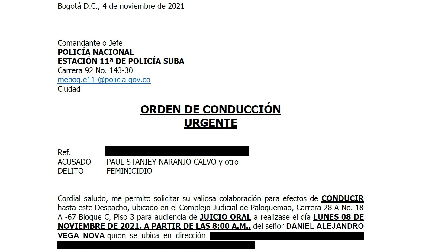 Orden de conducción urgente para la Policía de Suba.