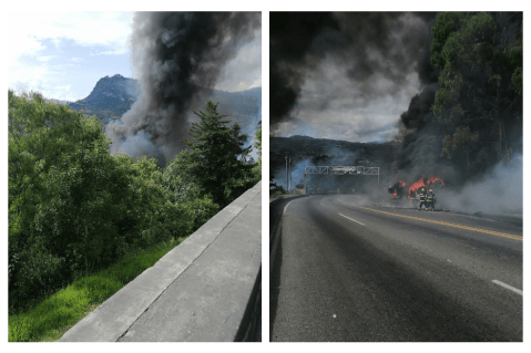 Cierre total en vía Bogotá – Villavicencio tras volcamiento e incendio de camión