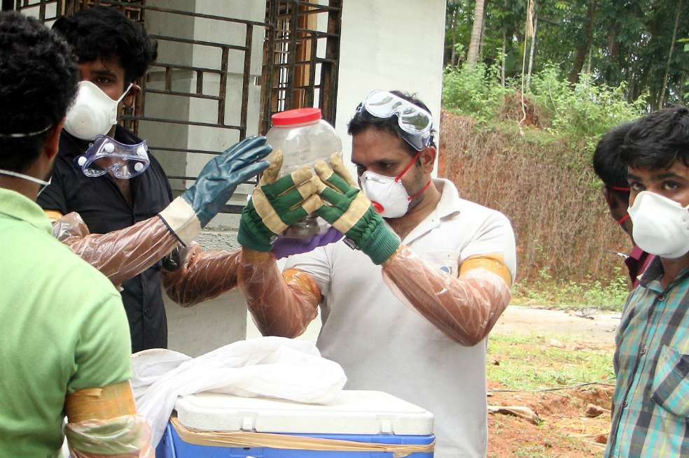 Trabajadores del Departamento indio de Agricultura y responsables forestales observan un murciélago tras capturarlo en un pozo en Kerala, India. El animal es considerado portador del virus Nipah que ha dejado al menos once muertos en el país. / EFE