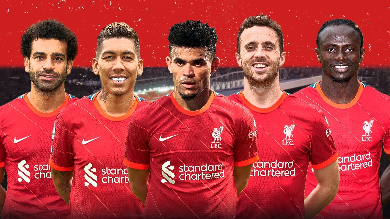 De izquierda a derecha: Mohamed Salah, Roberto Firmino, Luis Díaz, Diogo Jota y Sadio Mané.