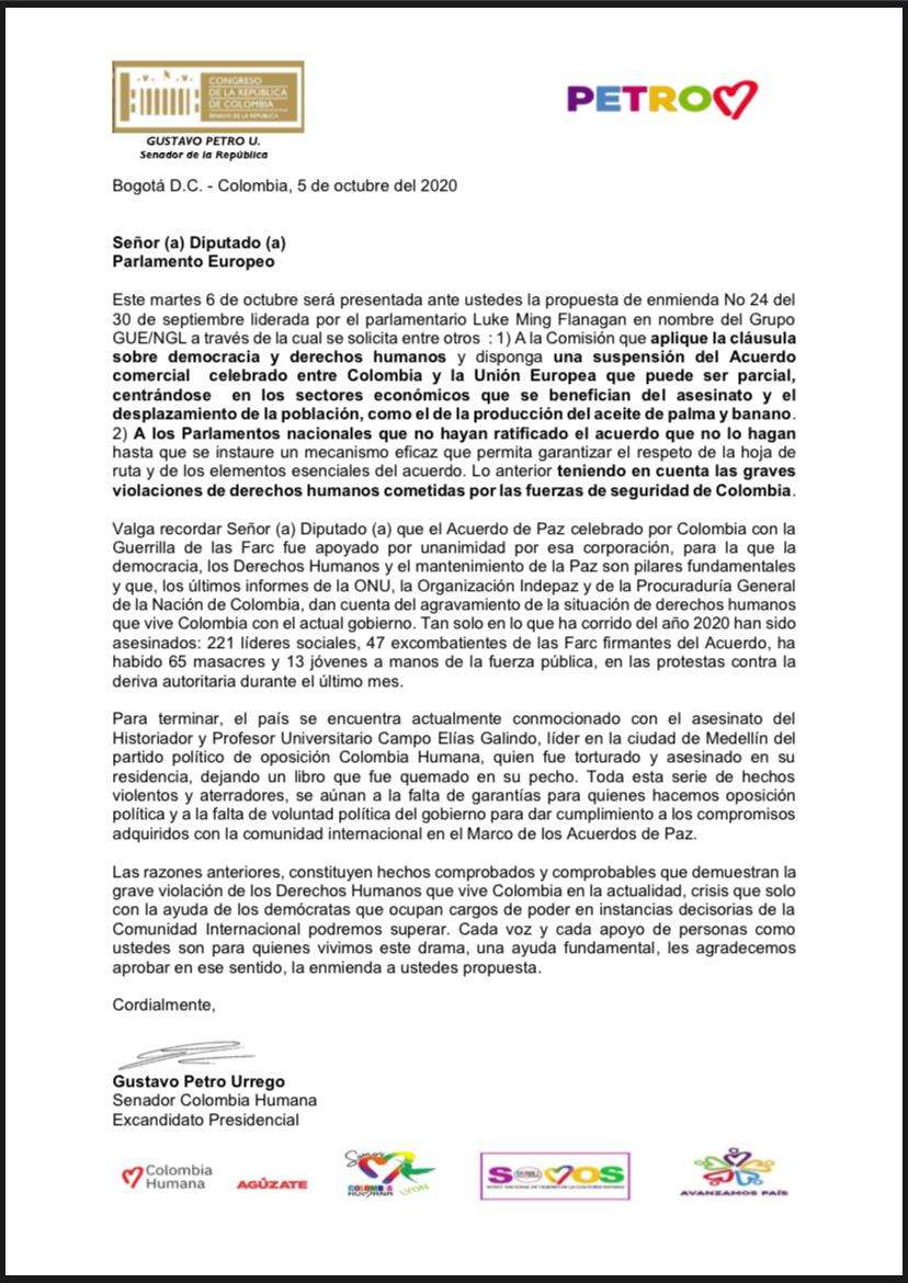 Carta de Petro a los eurodiputados en la que pide la aprobación de la proposición para suspender acuerdos comerciales con Colombia.