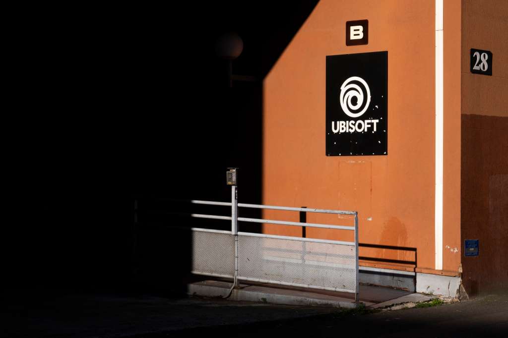 (FILES) This photograph shows the logo of French video-game publisher Ubisoft on the facade of the Ubisoft Paris Studio building in Montreuil, an eastern suburb of Paris, on January 13, 2025.