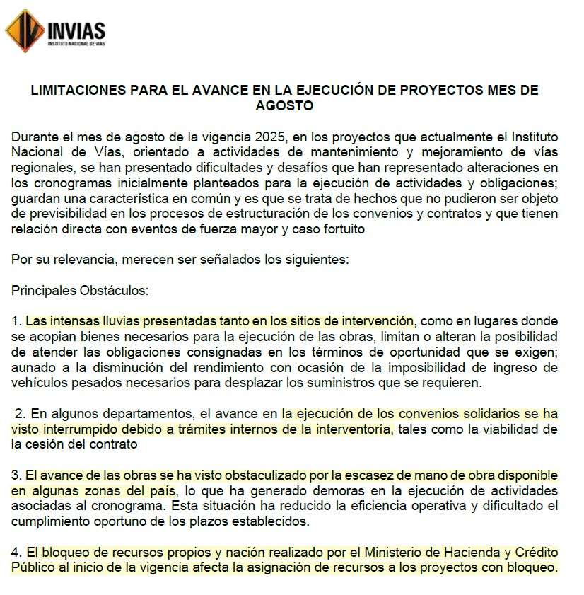 Documento del Invías que explica qué frena el desarrollo de vías a su cargo.