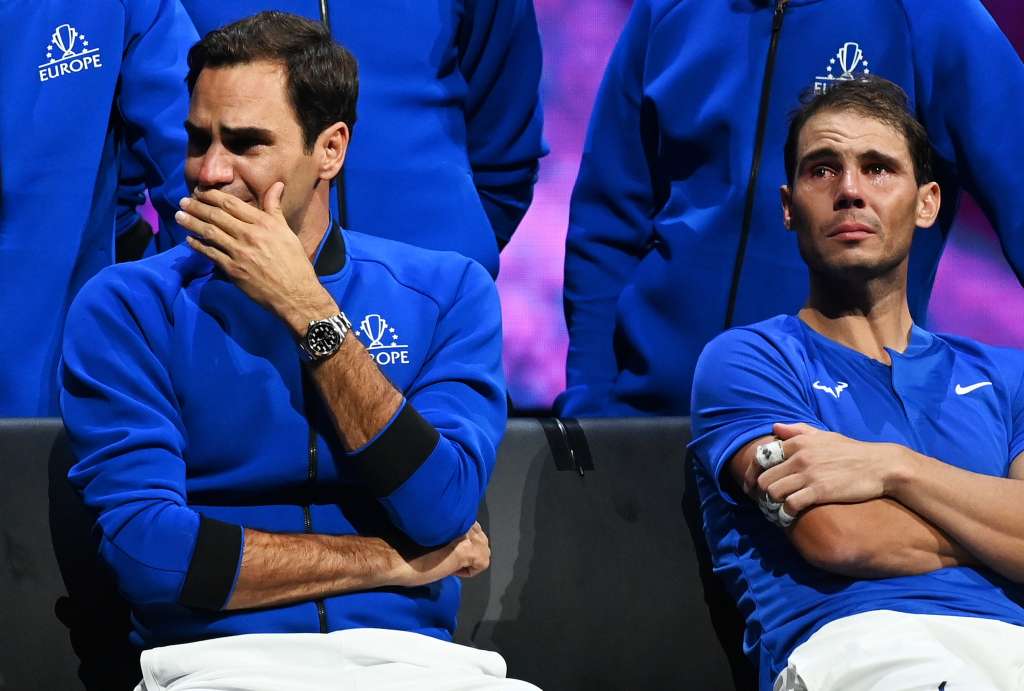 London (United Kingdom), 24/09/2022.- (FILE) - Team Europe player Roger Federer (L) of Switzerland sitting next to doubles partner Rafael Nadal of Spain after losing their match against Team World double Jack Sock of the US and Frances Tiafoe of the US on the first day of the Laver Cup tennis tournament in London, Britain, 23 September 2022. The match was Federer's last game before retirement (reissued 10 October 2024). On 10 October 2024, Rafael Nadal of Spain announced that he will retire from professional tennis. Since winning his first ever title in 2004, Nadal won 92 titles, including 22 grand slams and a record 14 French Open titles. (Tenis, Abierto, Francia, España, Suiza, Reino Unido, Londres) EFE/EPA/ANDY RAIN