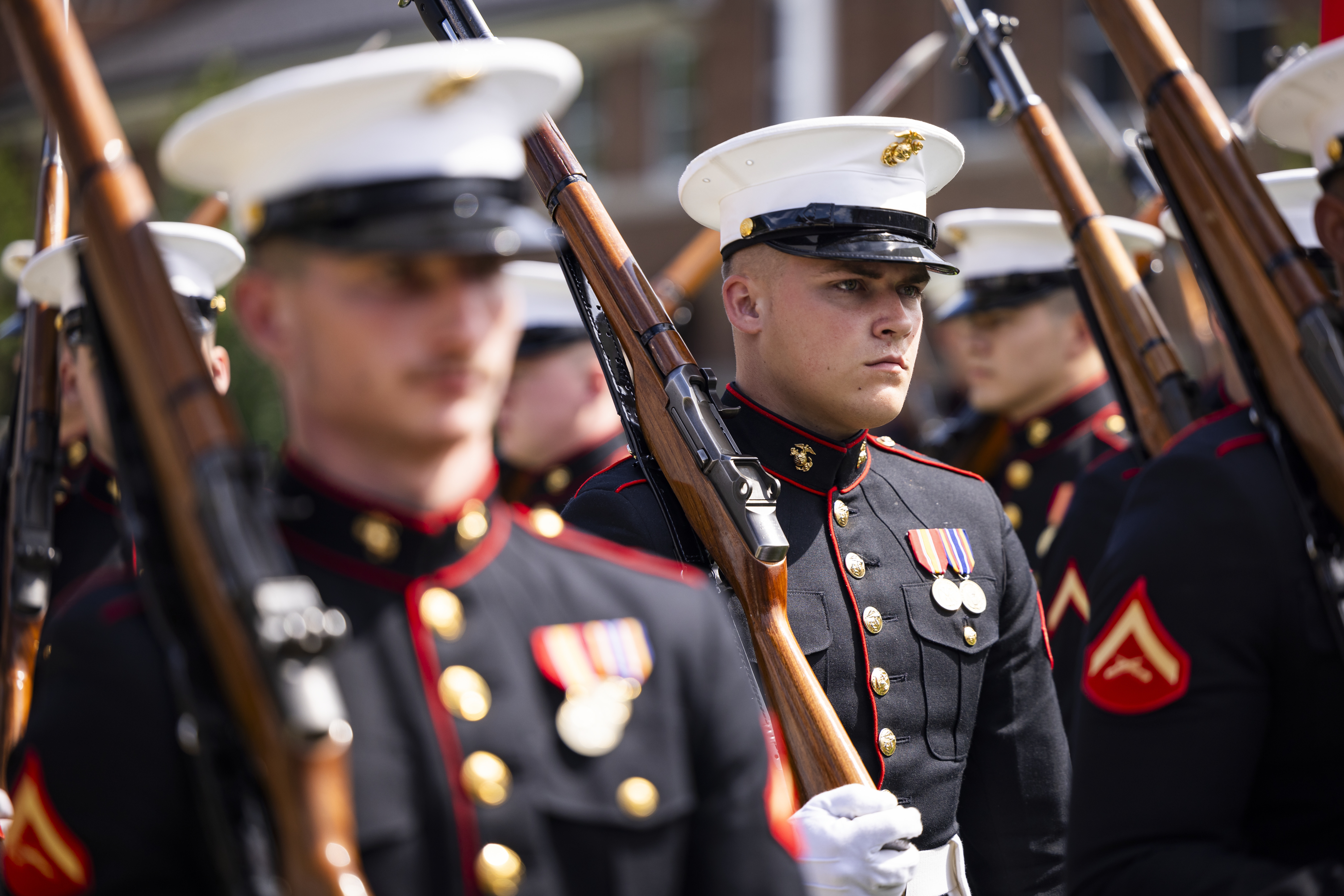 Washington (United States), 10/07/2023.- US Marines march at the relinquishment of office ceremony for Commandant of the Marine Corps General David Berger at the Marine Barracks in Washington, DC, USA, 10 July 2023. The White House has nominated General Eric Smith to be Berger's successor, though Republican Senator from Alabama Tommy Tuberville has so far blocked Smith'Äôs nomination. (Estados Unidos) EFE/EPA/JIM LO SCALZO